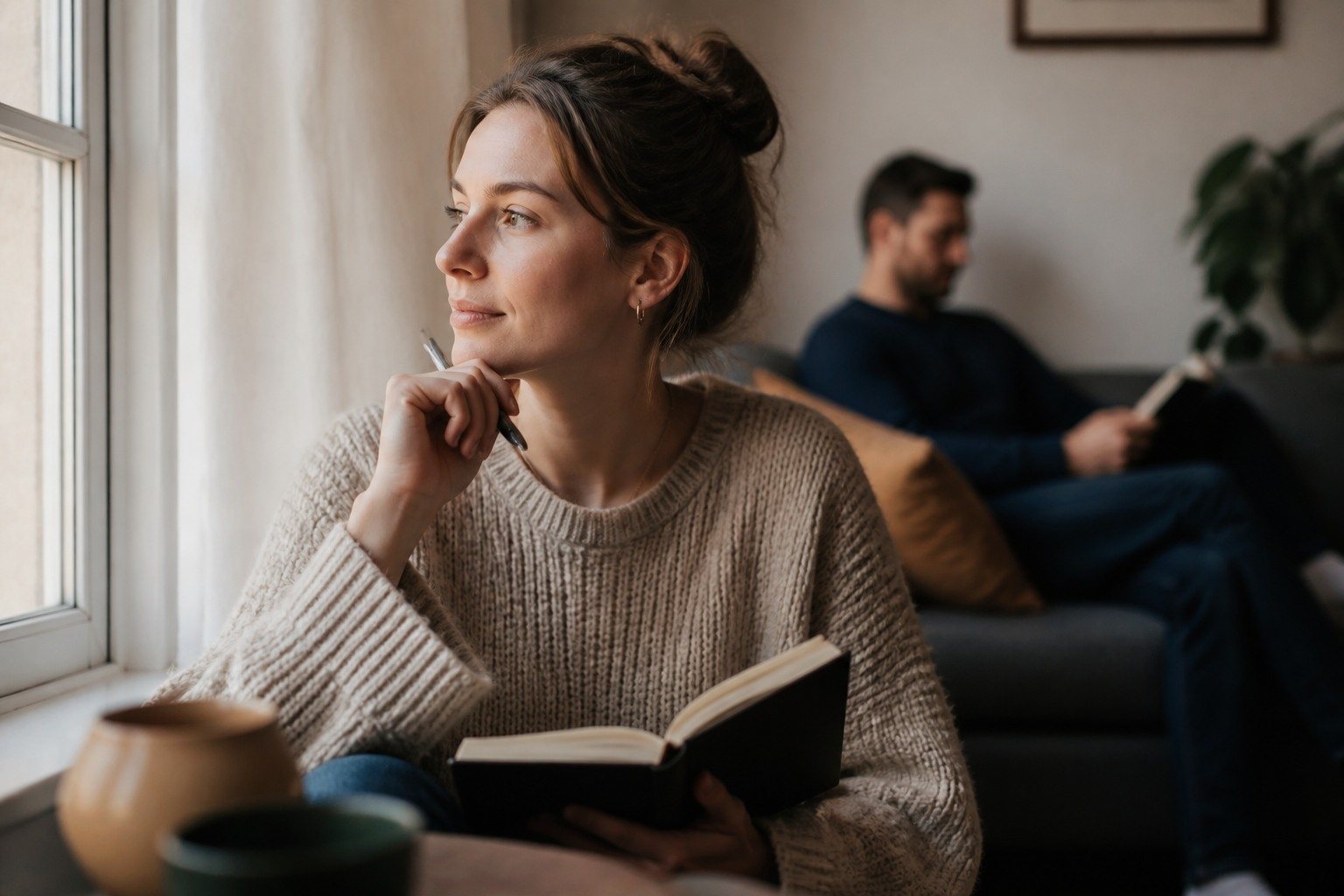 Persona que reflexiona con un cuaderno mientras su pareja aparece al fondo